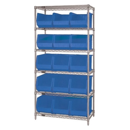 Bsc Preferred 36 x 18 x 74'' - 6 Shelf Wire Shelving Unit with 15 Blue Bins WSBQ260B
